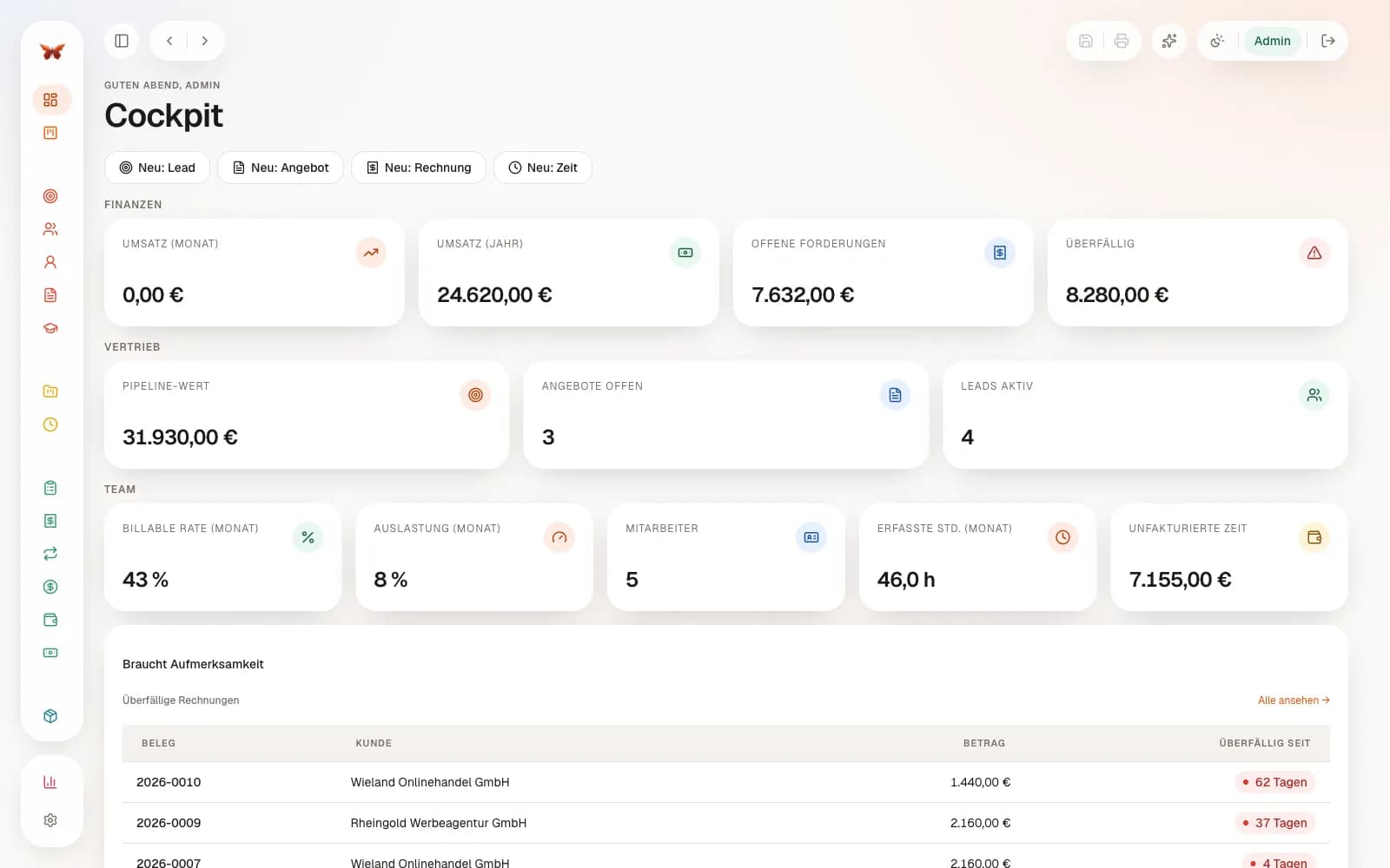 Klairo Systems ERP - Cockpit mit Kennzahlen und Auswertungen