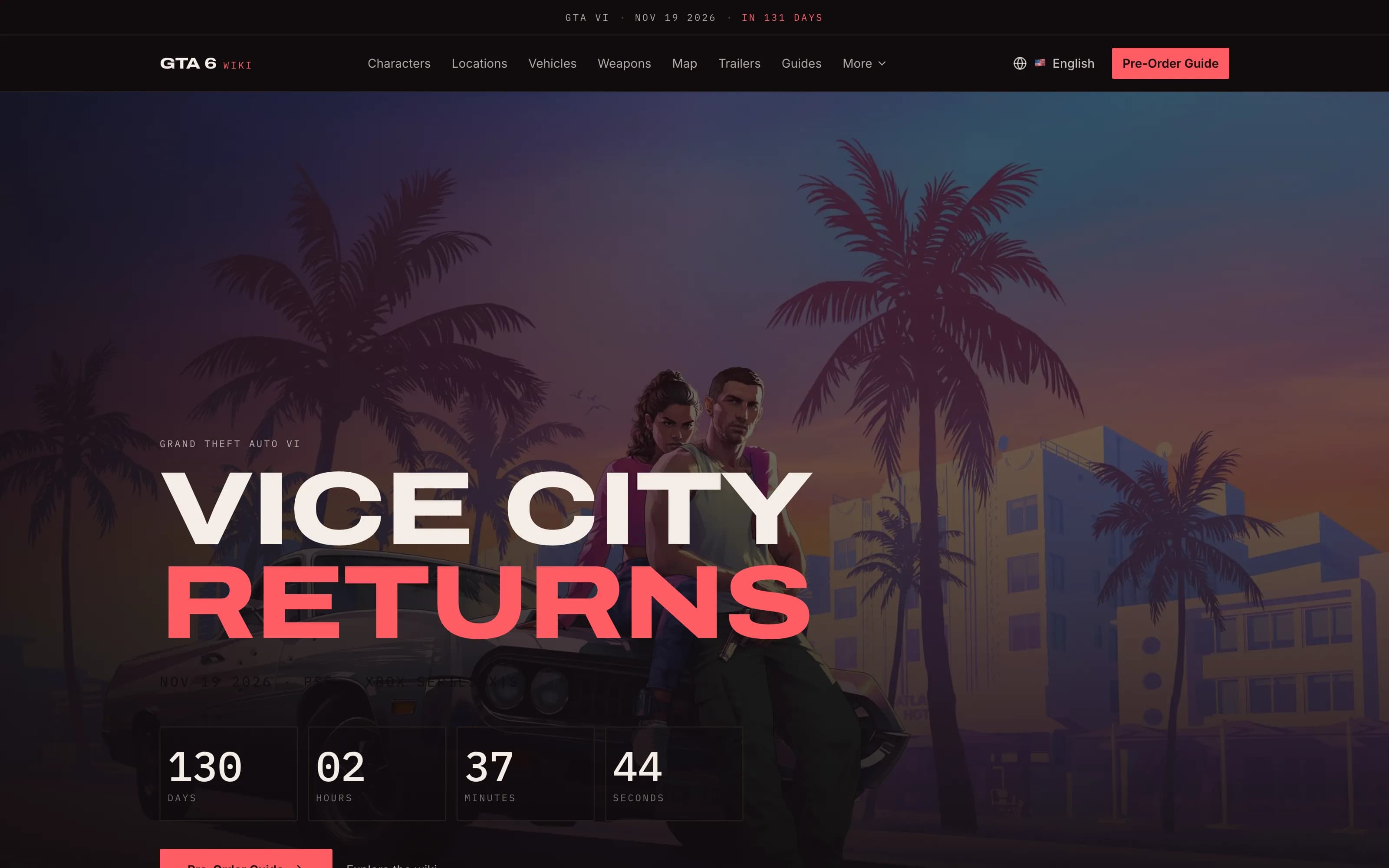 GTA 6 Wiki - Startseite mit Vice-City-Artwork und Countdown