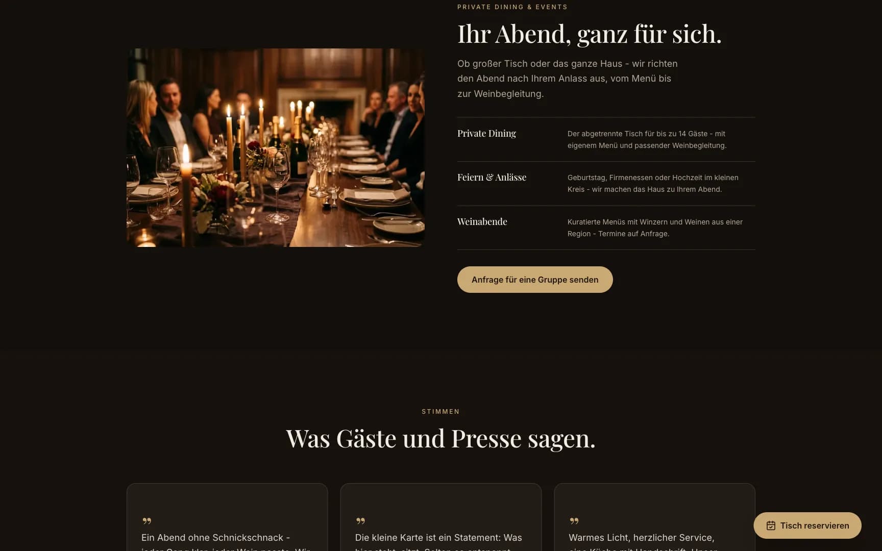 Private Dining mit klarem Anfrage-Weg